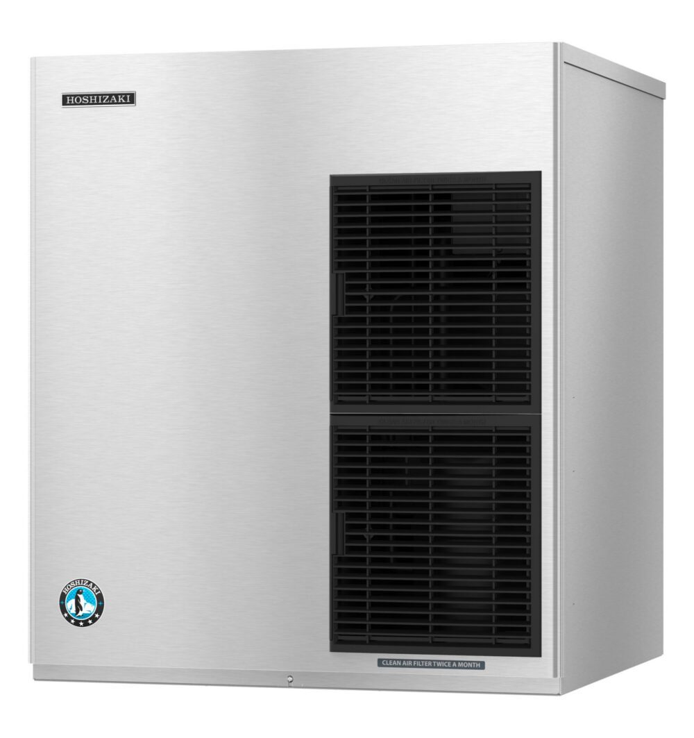 A stainless steel Hoshizaki commercial ice maker with two black vents on the front and a logo sticker on the lower left corner.