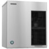 A stainless steel Hoshizaki ice machine with two black vents and a certification sticker on the lower left corner.