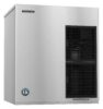 A stainless steel Hoshizaki ice machine with two black vents and a certification sticker on the lower left corner.