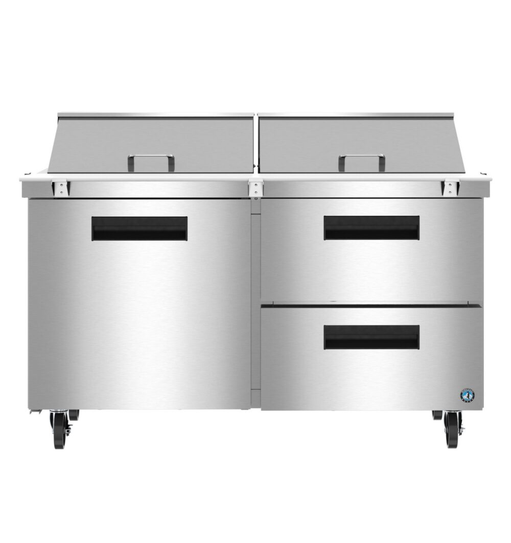 Stainless steel commercial kitchen refrigeration unit with two top lids, one door on the left, and two pull-out drawers on the right, set on casters.