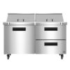 Stainless steel commercial kitchen refrigeration unit with two top lids, one door on the left, and two pull-out drawers on the right, set on casters.