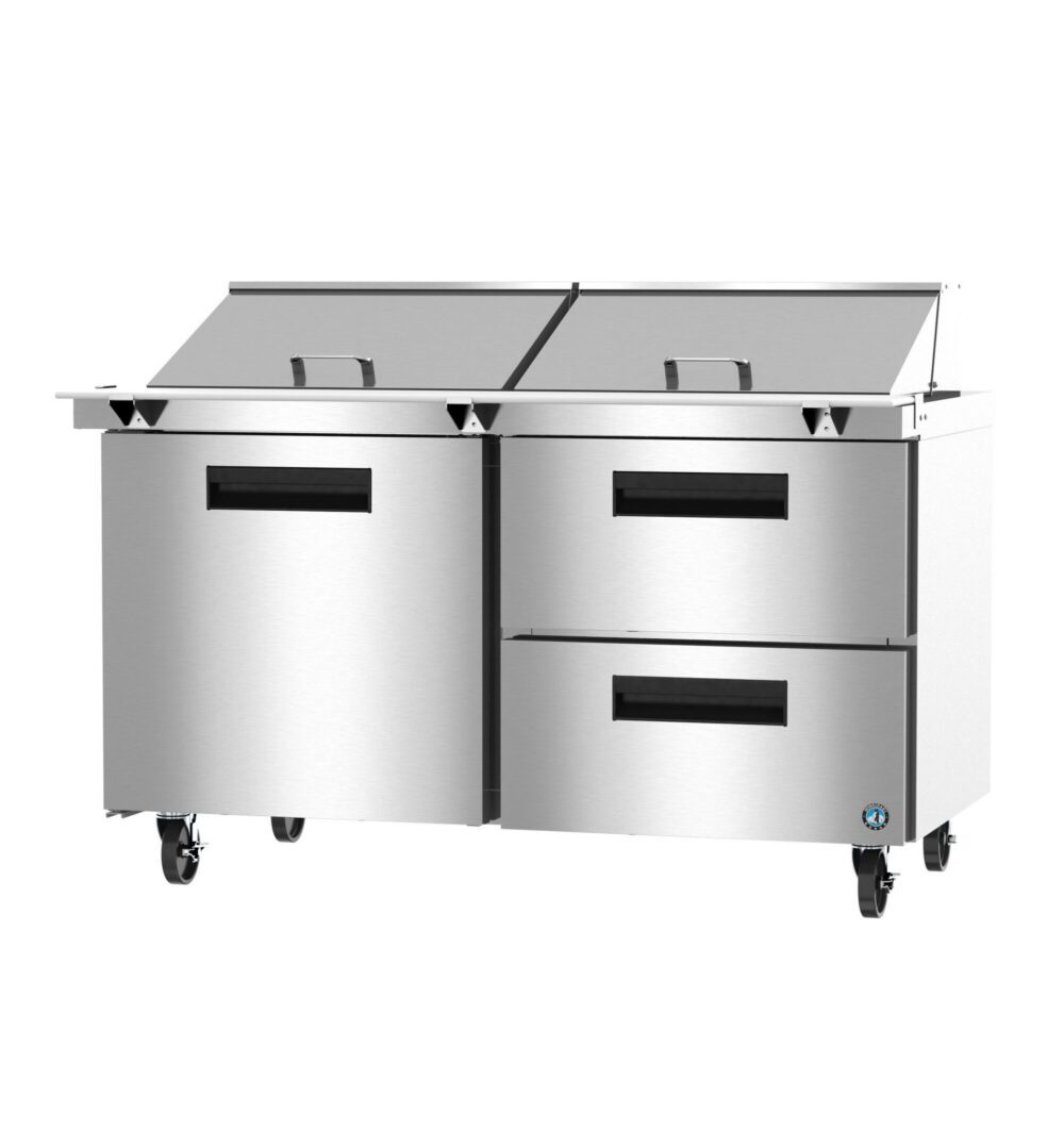 Stainless steel commercial food prep table with four compartments, two doors, two drawers, and wheels for mobility.