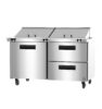 Stainless steel commercial food prep table with four compartments, two doors, two drawers, and wheels for mobility.