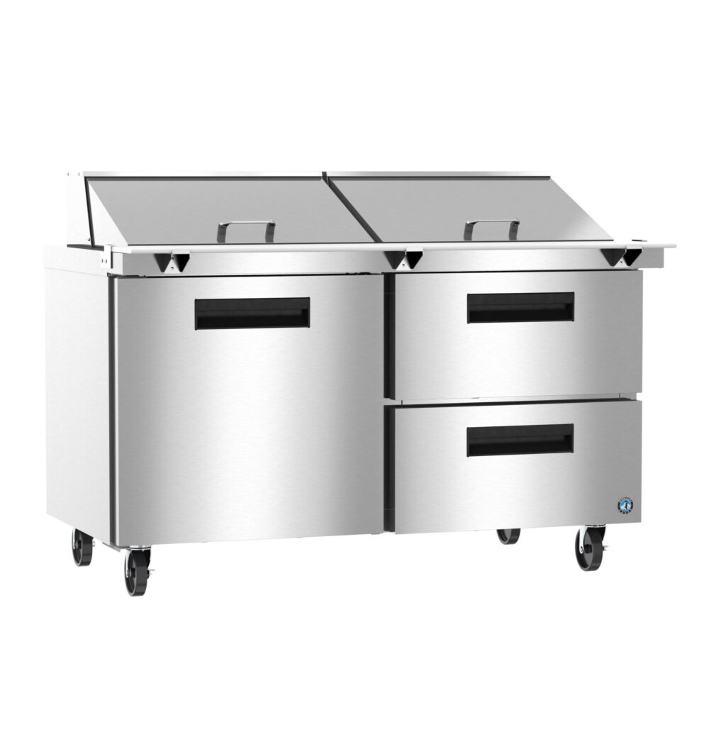 Stainless steel commercial refrigerator with two doors and two drawers, on wheels, featuring lift-up top lids and recessed handles.