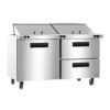 Stainless steel commercial refrigerator with two doors and two drawers, on wheels, featuring lift-up top lids and recessed handles.