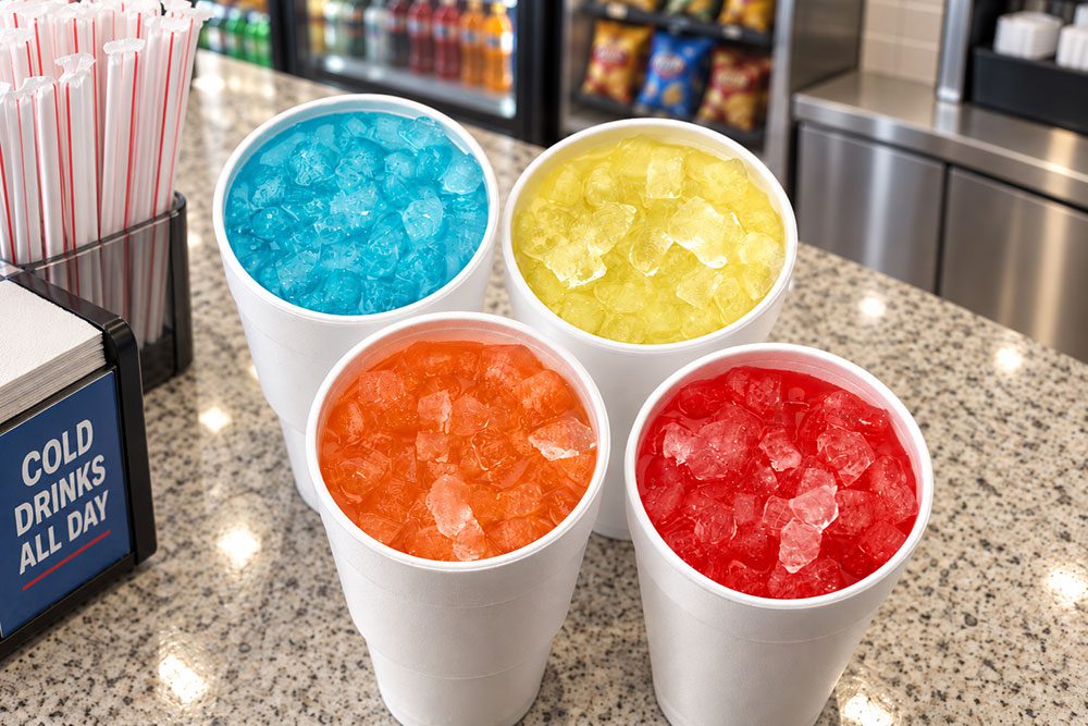 Four white cups filled with ice and brightly colored drinks—blue, yellow, orange, and red—sit on a speckled countertop near a drink station with straws and a beverage cooler in the background.