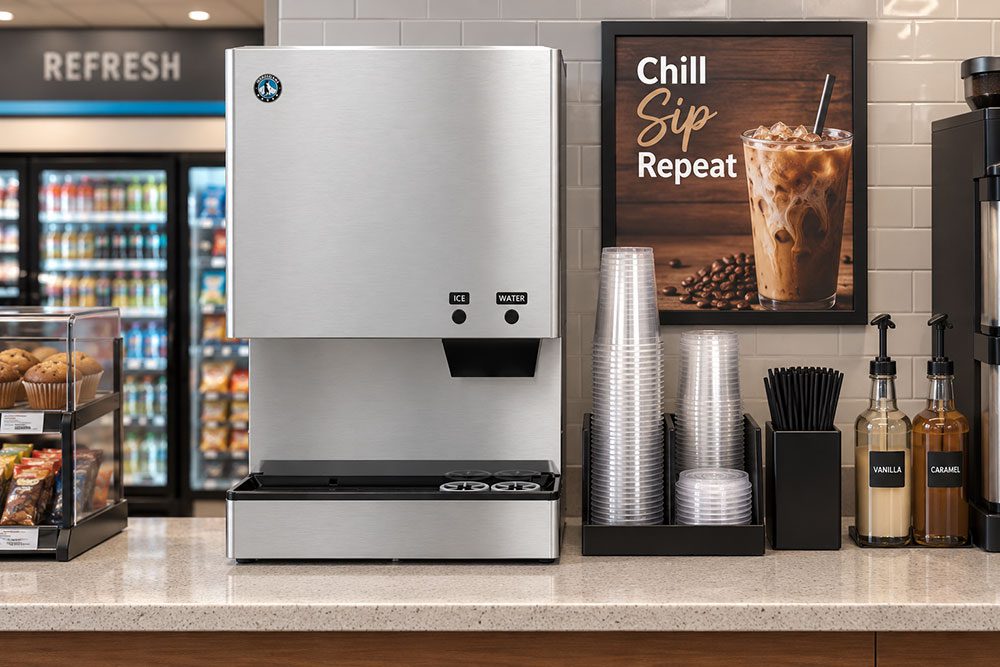 A beverage station with an ice and water dispenser, plastic cups, straws, syrup bottles, and a sign showing an iced coffee that reads “Chill Sip Repeat.”.