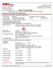 Safety Data Sheet for Heat Sink Compound with sections on hazards, ingredient composition, and safety precautions displayed in a table format with company contact information at the top.