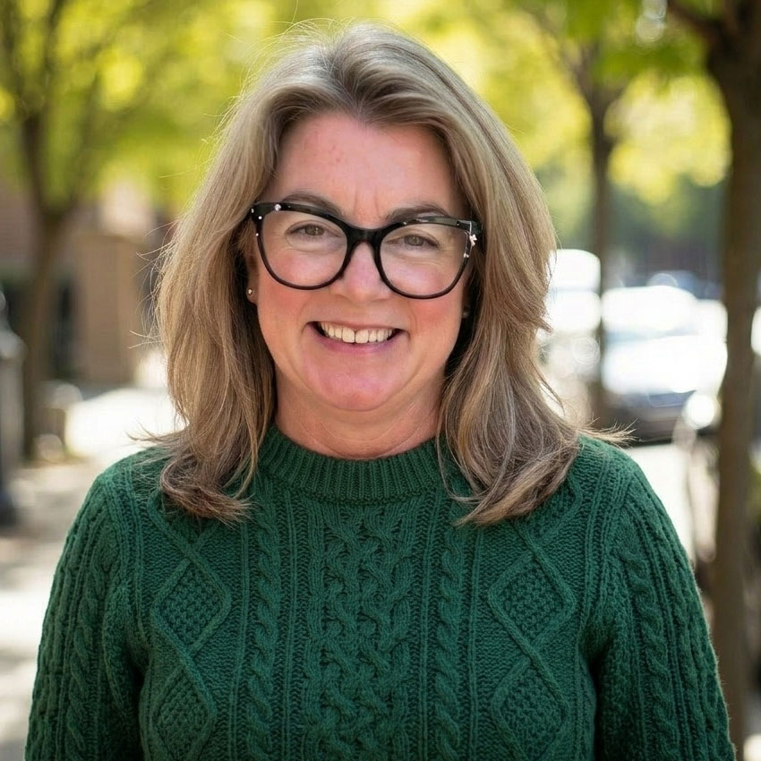 A woman with glasses and long hair wearing a green sweater stands outdoors, smiling, with trees and blurred cars in the background.