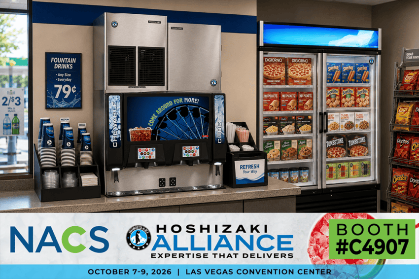 Convenience store interior showing a fountain drink machine, refrigerator with food items, and promotional signage for the NACS event at Booth #C4907.