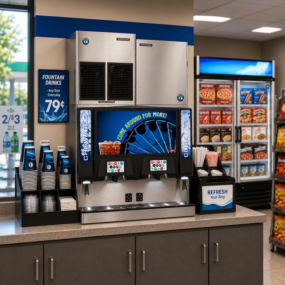 Self-serve beverage and snack station in a convenience store, featuring a soda fountain, ice machine, and refrigerated display with various snacks. Event booth info banner overlays the bottom.