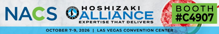 Banner for NACS Hoshizaki Alliance, booth #C4907, at Las Vegas Convention Center, October 7-9, 2026, with a partial image of a drink with ice on the right.