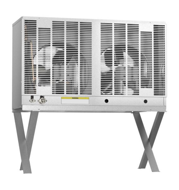 A metal air conditioning condenser unit with two fans, mounted on two X-shaped legs.